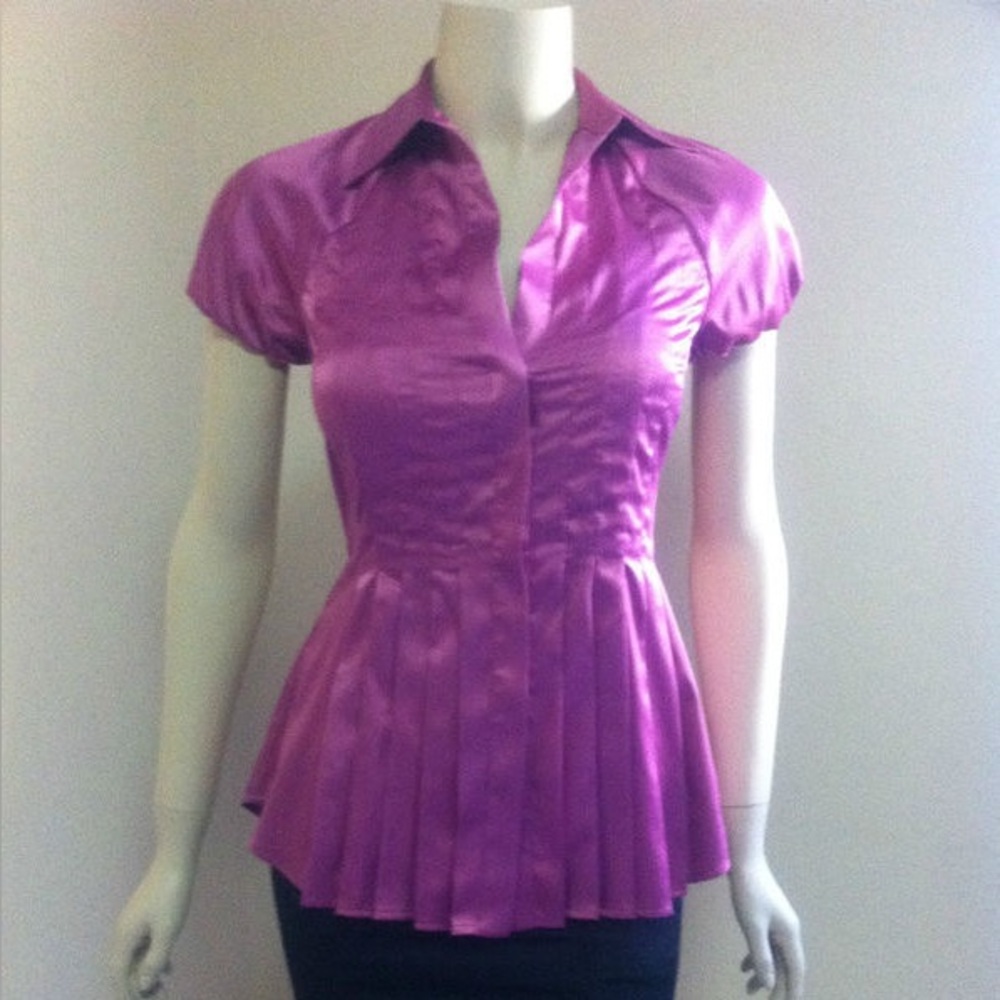 BCBGMaxAzria Cream/Tan Pleated Satin Blouse